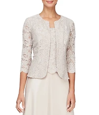 Alex Evenings Glitter Lace 3/4 Sleeve Square Neck Scallop Hem Bodice 2-Piece Jacket Gown