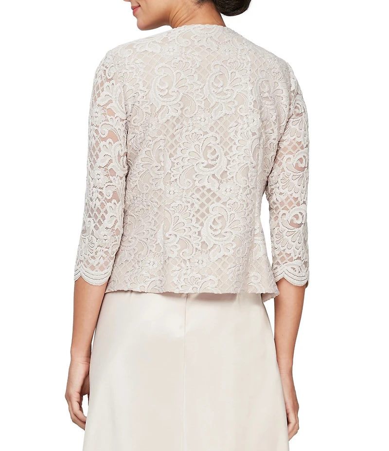 Alex Evenings Glitter Lace 3/4 Sleeve Square Neck Scallop Hem Bodice 2-Piece Jacket Gown