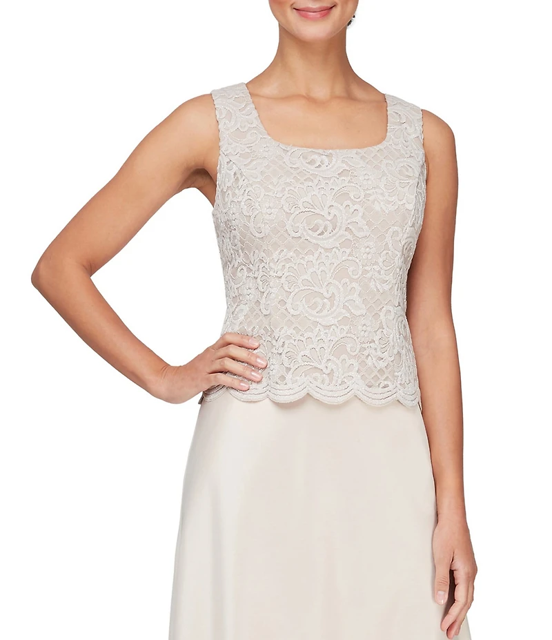 Alex Evenings Glitter Lace 3/4 Sleeve Square Neck Scallop Hem Bodice 2-Piece Jacket Gown