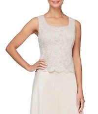 Alex Evenings Glitter Lace 3/4 Sleeve Square Neck Scallop Hem Bodice 2-Piece Jacket Gown