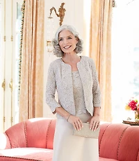 Alex Evenings Glitter Lace 3/4 Sleeve Square Neck Scallop Hem Bodice 2-Piece Jacket Gown