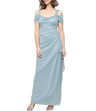 Alex Evenings Glitter Mesh Cowl Neck Cold Shoulder Cap Sleeve Side Slit Ruched Gown