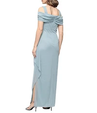 Alex Evenings Glitter Mesh Cowl Neck Cold Shoulder Cap Sleeve Side Slit Ruched Gown
