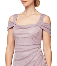 Alex Evenings Glitter Mesh Cowl Neck Cold Shoulder Cap Sleeve Side Slit Ruched Gown