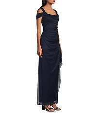 Alex Evenings Glitter Mesh Cowl Neck Cold Shoulder Cap Sleeve Side Slit Ruched Gown
