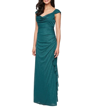 Alex Evenings Glitter Mesh Cowl Neck Sleeveless Cascade Skirt Gown