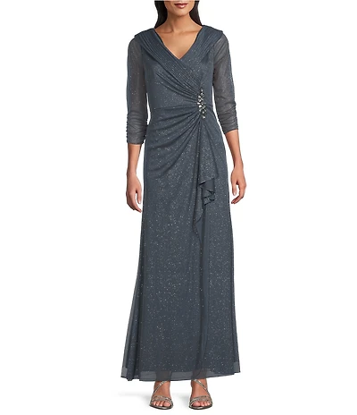 Alex Evenings Glitter Mesh Embellished Ruched Waist 3/4 Sleeve Gown
