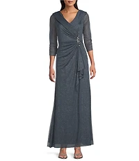 Alex Evenings Glitter Mesh Embellished Ruched Waist 3/4 Sleeve Gown