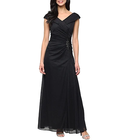 Alex Evenings Glitter Mesh Cap Sleeve Ruched Portrait Collar Gathered Waist Long Dress