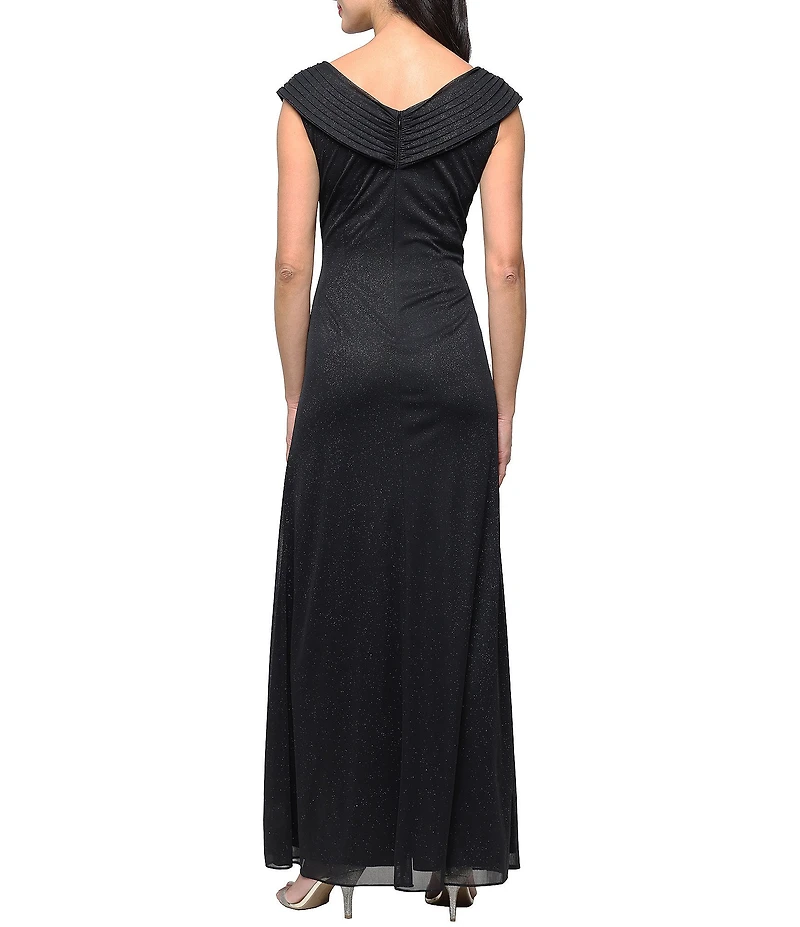 Alex Evenings Glitter Mesh Cap Sleeve Ruched Portrait Collar Gathered Waist Long Dress