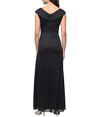 Alex Evenings Glitter Mesh Cap Sleeve Ruched Portrait Collar Gathered Waist Long Dress
