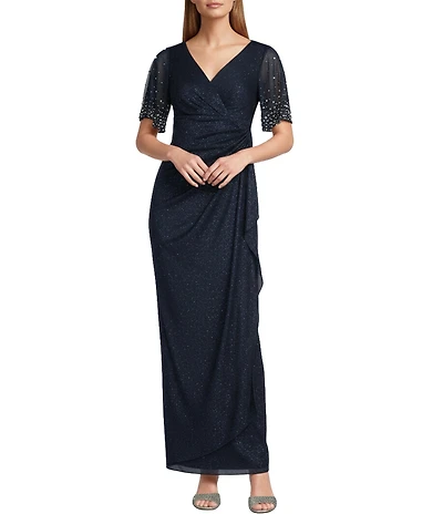 Alex Evenings Glitter Mesh V-Neck Embellished Short Flutter Sleeve Sheath Dress