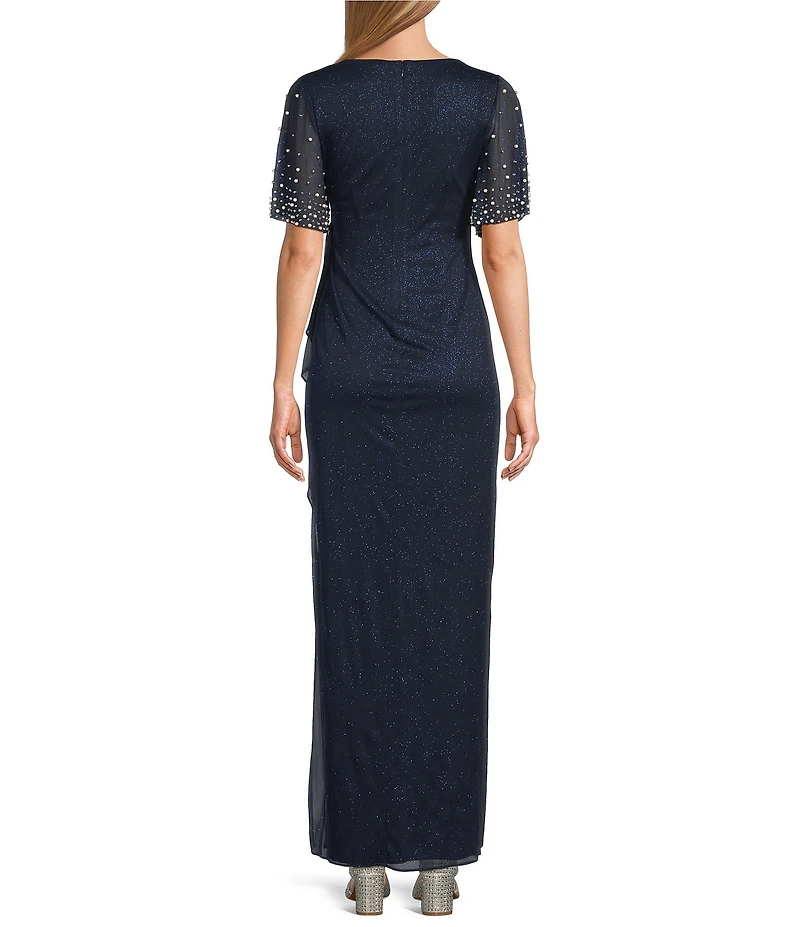 Alex Evenings Glitter Mesh V-Neck Embellished Short Flutter Sleeve Sheath Dress