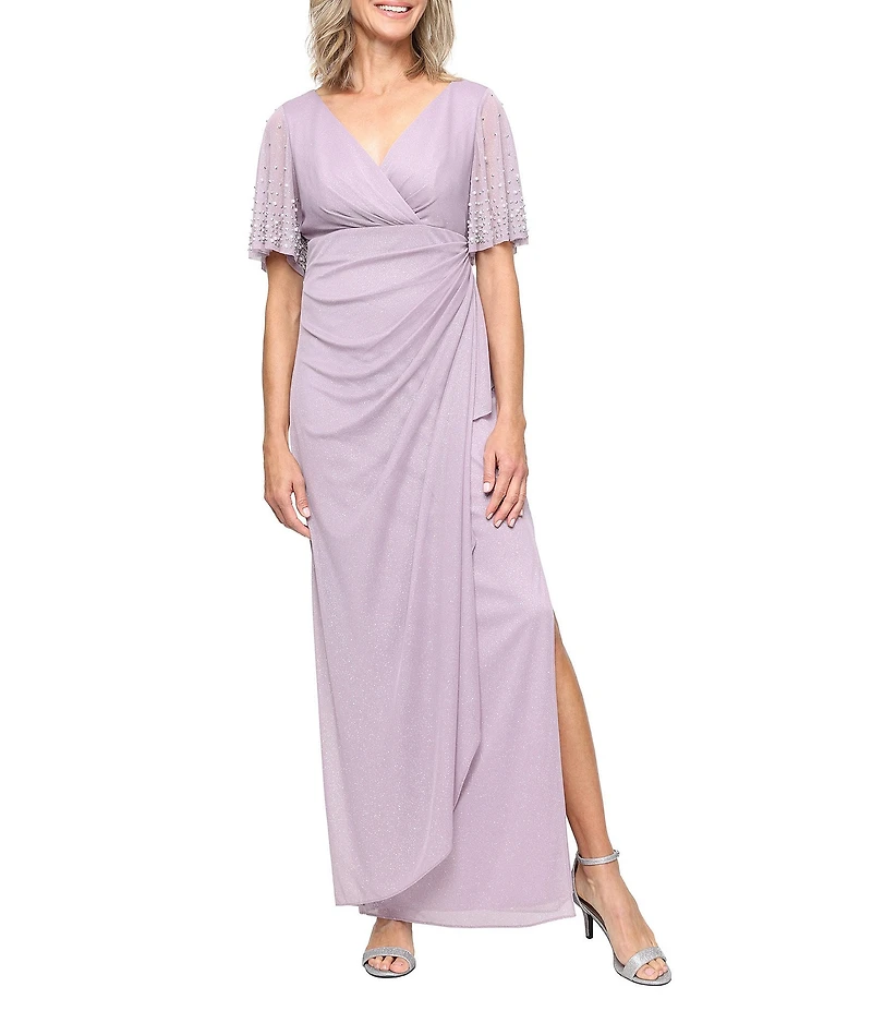 Alex Evenings Glitter Mesh V-Neck Embellished Short Flutter Sleeve Sheath Dress