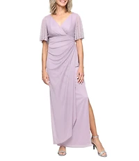 Alex Evenings Glitter Mesh V-Neck Embellished Short Flutter Sleeve Sheath Dress