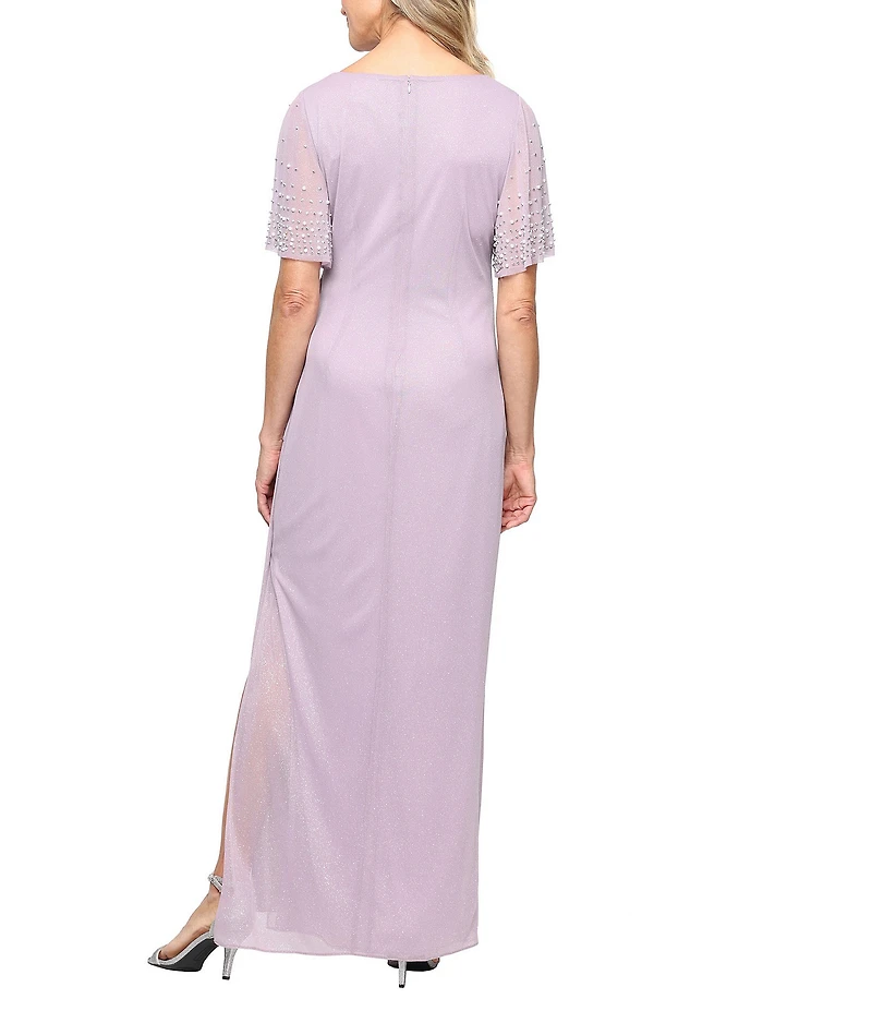 Alex Evenings Glitter Mesh V-Neck Embellished Short Flutter Sleeve Sheath Dress