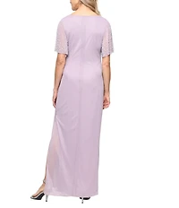 Alex Evenings Glitter Mesh V-Neck Embellished Short Flutter Sleeve Sheath Dress