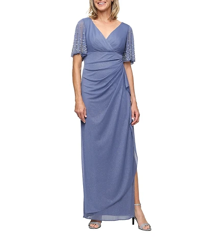 Alex Evenings Glitter Mesh V-Neck Embellished Short Flutter Sleeve Sheath Dress