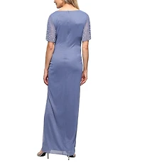 Alex Evenings Glitter Mesh V-Neck Embellished Short Flutter Sleeve Sheath Dress