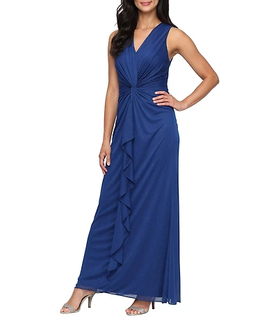 Alex Evenings Glitter Mesh V-Neck Sleeveless Twist Waist Gown