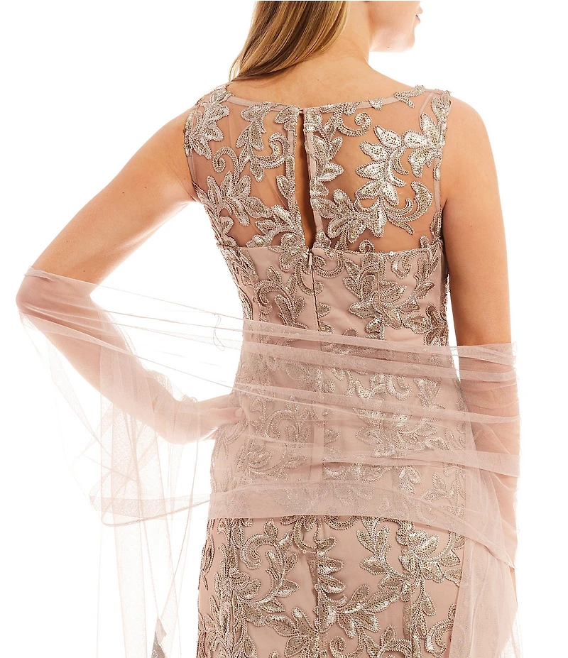 Alex Evenings Illusion Round Neck Sleeveless Embroidered Lace Shawl A-Line Dress