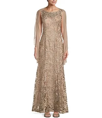 Alex Evenings Illusion Round Neck Sleeveless Embroidered Lace Shawl A-Line Dress