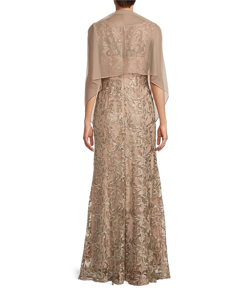 Alex Evenings Illusion Round Neck Sleeveless Embroidered Lace Shawl A-Line Dress