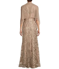 Alex Evenings Illusion Round Neck Sleeveless Embroidered Lace Shawl A-Line Dress