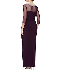 Alex Evenings Illusion Mesh 3/4 Sleeve Round Neck Side Slit Ruched Gown