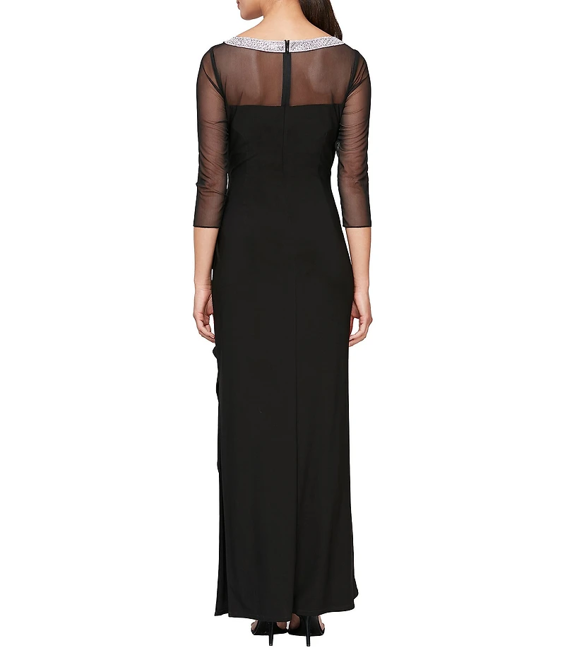 Alex Evenings Illusion Mesh 3/4 Sleeve Round Neck Side Slit Ruched Gown