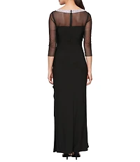 Alex Evenings Illusion Mesh 3/4 Sleeve Round Neck Side Slit Ruched Gown