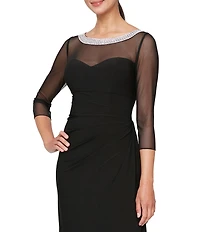 Alex Evenings Illusion Mesh 3/4 Sleeve Round Neck Side Slit Ruched Gown