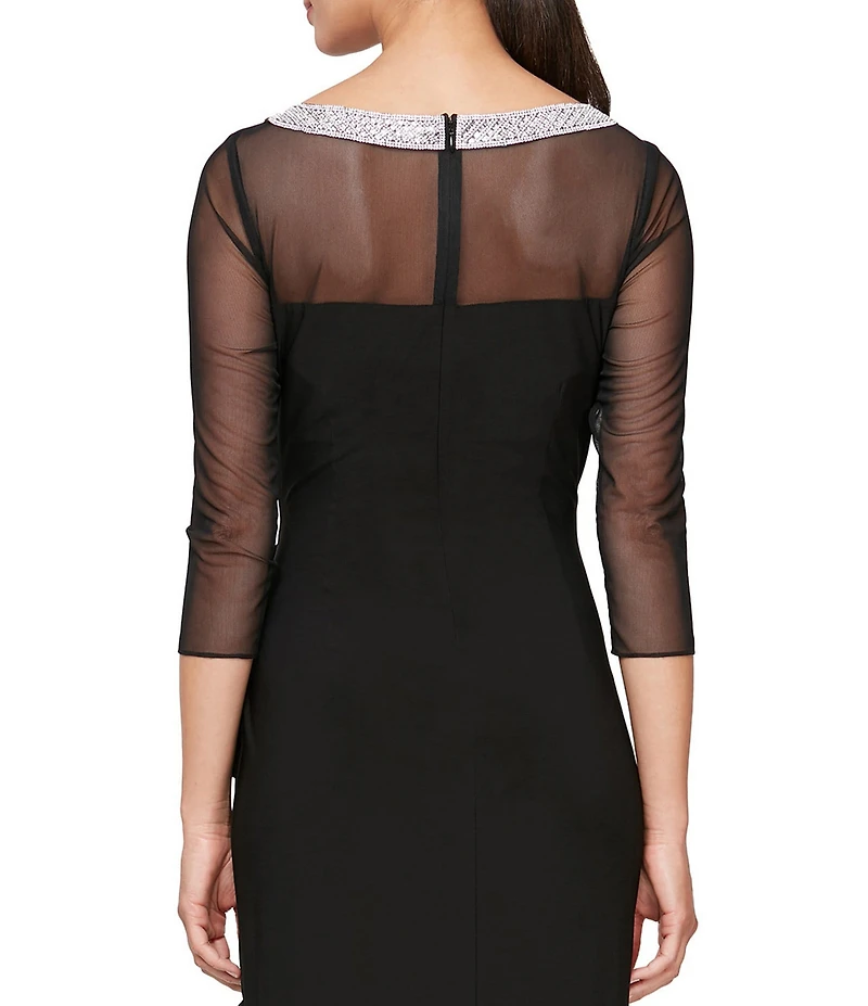Alex Evenings Illusion Mesh 3/4 Sleeve Round Neck Side Slit Ruched Gown
