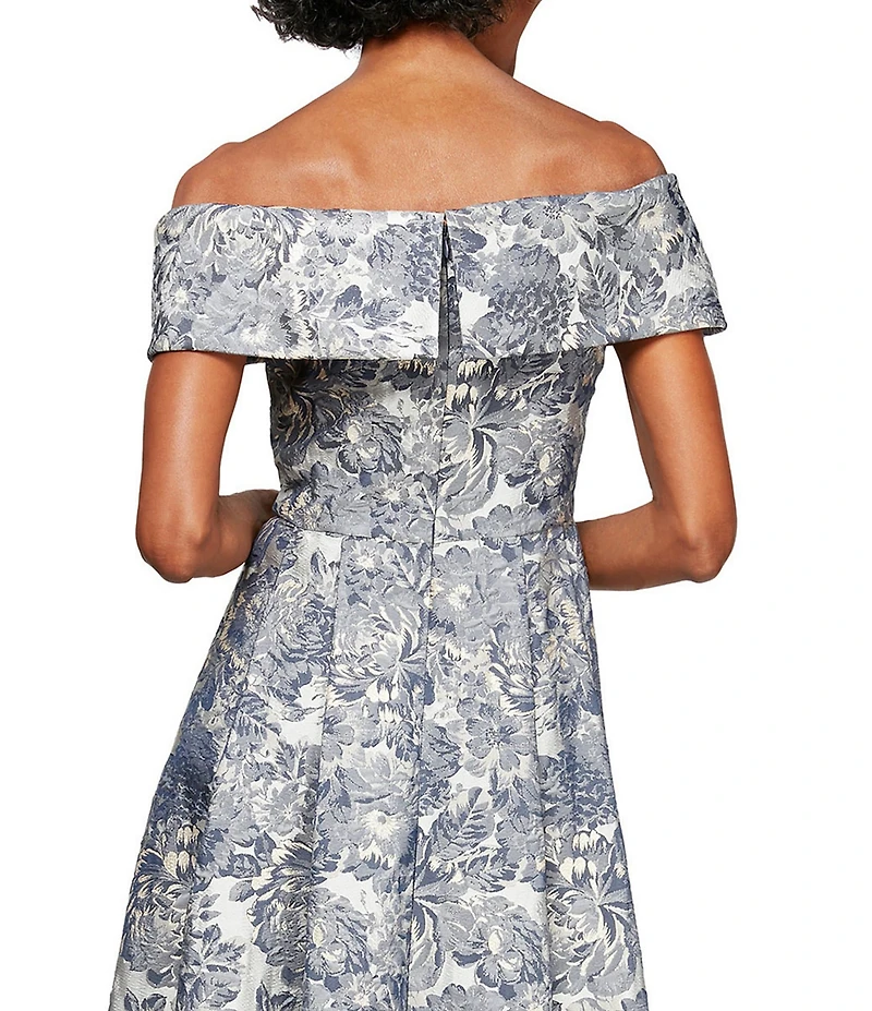 Alex Evenings Jacquard Short Sleeve Off-the-Shoulder Floral Pocketed Gown
