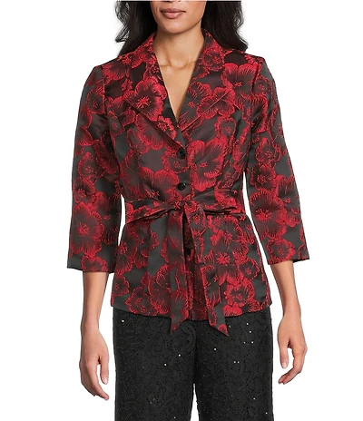 Alex Evenings Jacquard Floral Print 3/4 Sleeve Tie Waist Button Front Blouse