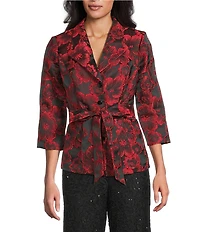 Alex Evenings Jacquard Floral Print 3/4 Sleeve Tie Waist Button Front Blouse