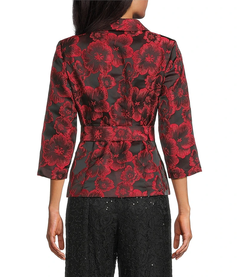 Alex Evenings Jacquard Floral Print 3/4 Sleeve Tie Waist Button Front Blouse