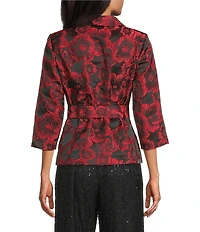 Alex Evenings Jacquard Floral Print 3/4 Sleeve Tie Waist Button Front Blouse