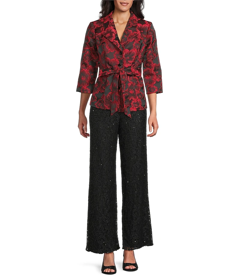 Alex Evenings Jacquard Floral Print 3/4 Sleeve Tie Waist Button Front Blouse