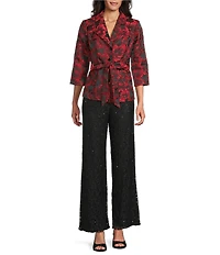 Alex Evenings Jacquard Floral Print 3/4 Sleeve Tie Waist Button Front Blouse