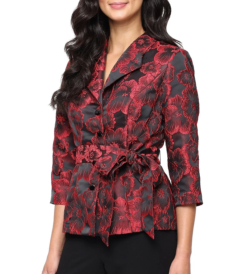 Alex Evenings Jacquard Floral Print 3/4 Sleeve Tie Waist Button Front Blouse