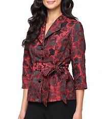Alex Evenings Jacquard Floral Print 3/4 Sleeve Tie Waist Button Front Blouse
