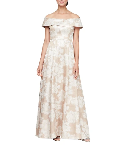 Alex Evenings Jacquard Off the Shoulder Short Sleeve Ball Gown