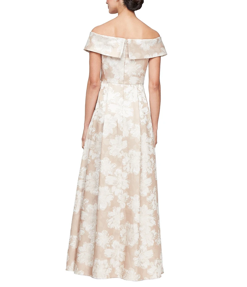 Alex Evenings Jacquard Off the Shoulder Short Sleeve Ball Gown