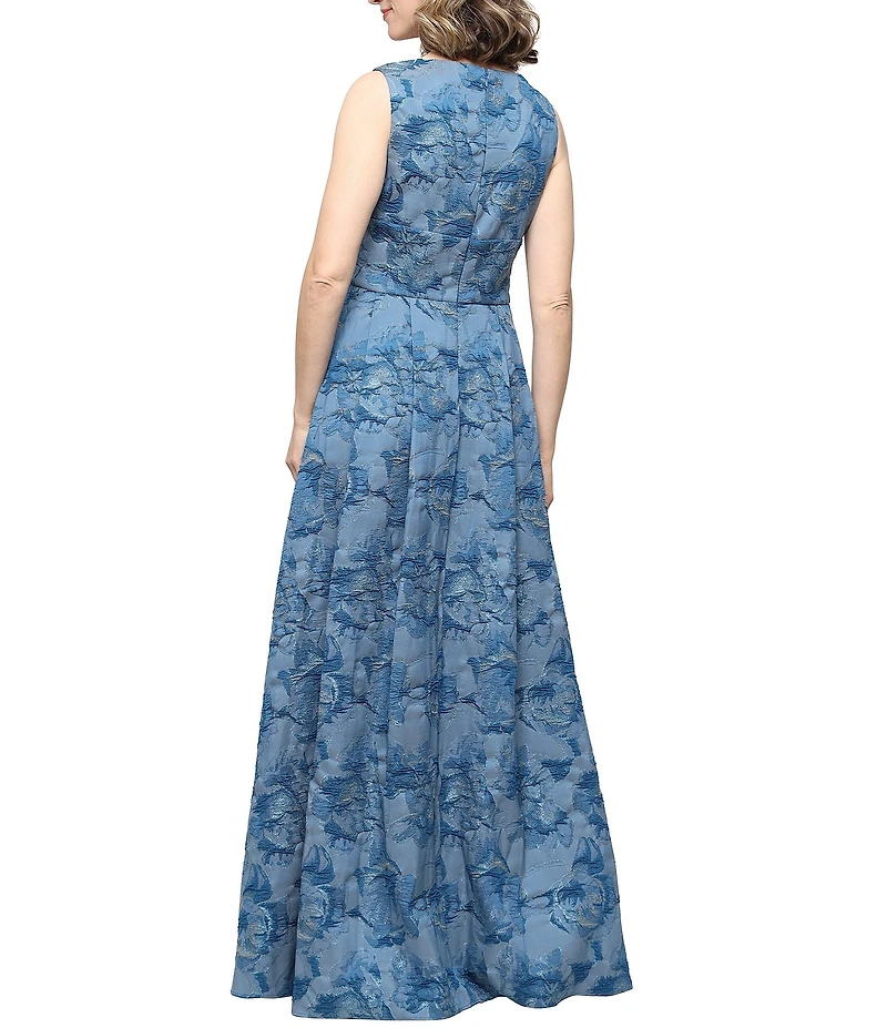 Alex Evenings Jacquard Sleeveless Surplice Neck Tie Belt Front Slit Long Dress