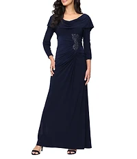 Alex Evenings Jersey 3/4 Sleeve Cowl Neck Embellished A-Line Dress