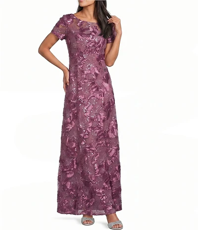 Alex Evenings Lace Scoop Neck Short Sleeve A-Line Gown