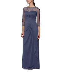 Alex Evenings Long Beaded Illusion Sweetheart Neck 3/4 Sleeve Ruched Dress
