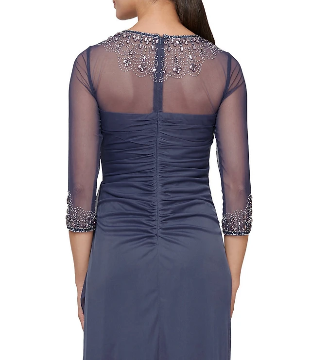 Alex Evenings Long Beaded Illusion Sweetheart Neck 3/4 Sleeve Ruched Dress  | Liberty Center