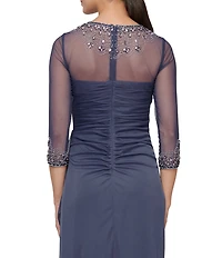 Alex Evenings Long Beaded Illusion Sweetheart Neck 3/4 Sleeve Ruched Dress
